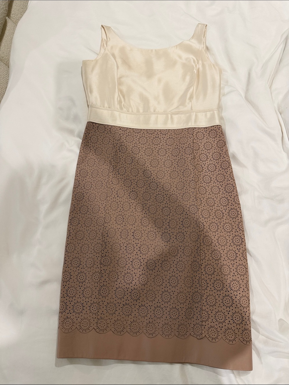 Tory Burch Cream Satin Top with Tan Laser-Cut Leather Midi Skirt Dress